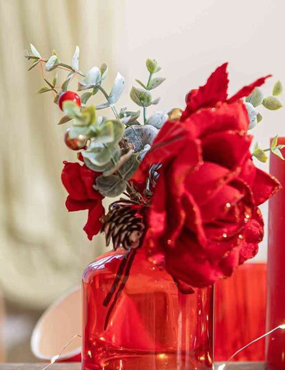 Branche de rose velours pailleté rouge 21 cm