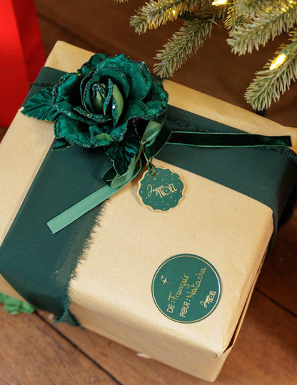 Branche de rose velours pailleté vert foncé 21 cm