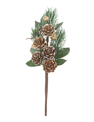 Fenyőág, hófödte tobozok, arany csillámpor 20 cm dekoratív