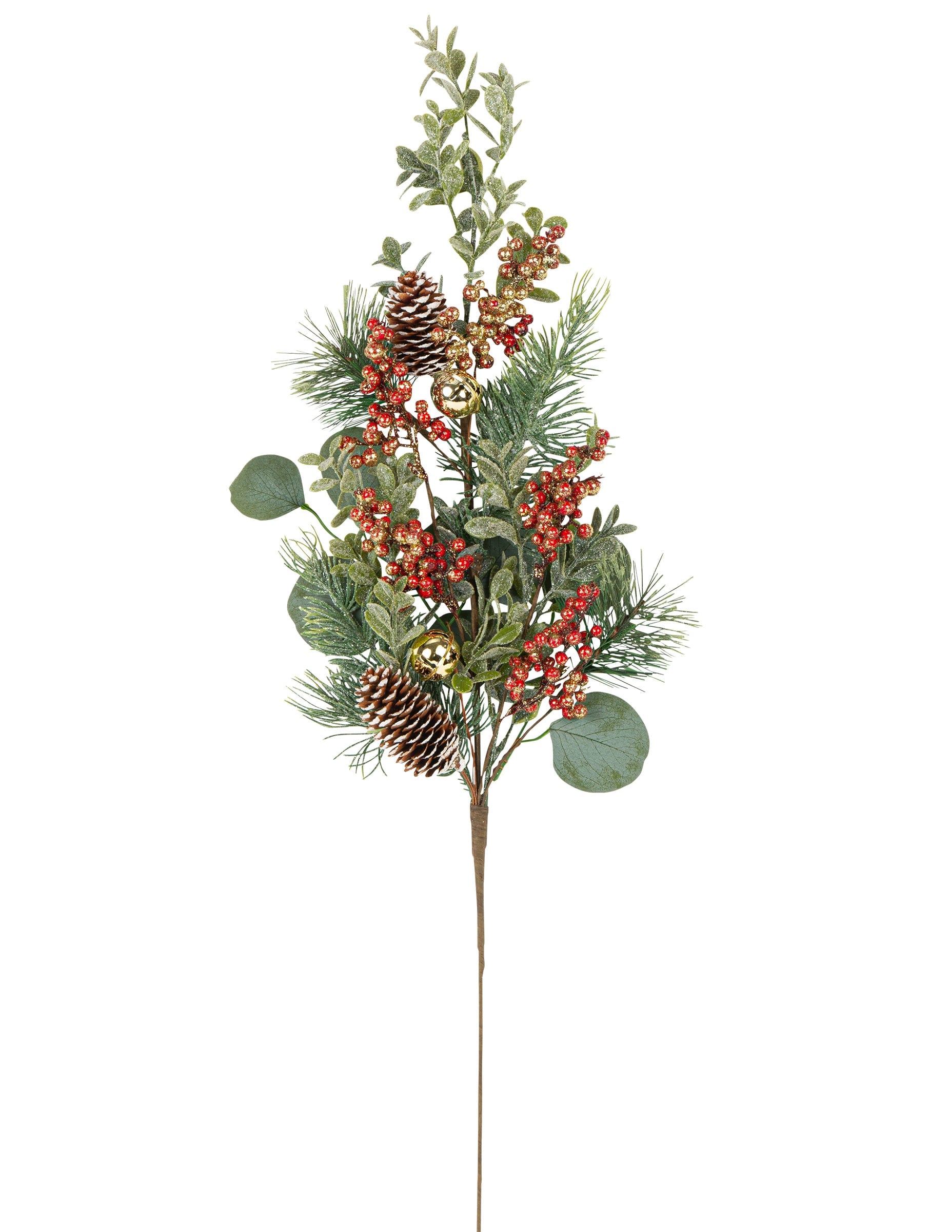 Branche décorative eucalyptus grelots et pommes de pin pour décoration traditionnelle verte et rouge avec grelots dorés