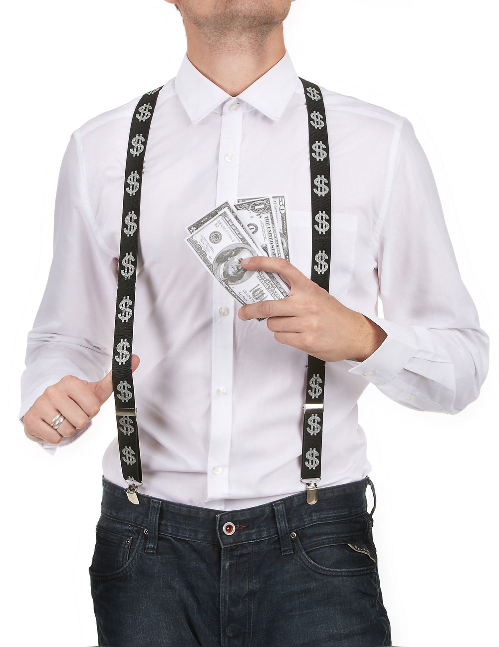 Bretelles dollar pour adulte noires à motifs signes dollar