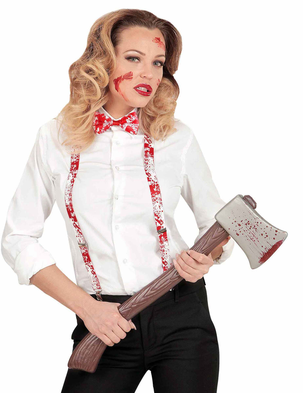 Elölnézetben viselt vállpántok és véres csokornyakkendő halloweenre