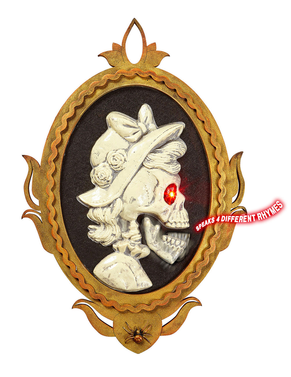 Cadre portrait dame squelette pour Halloween amovible et lumineux avec œil rouge et cadre doré