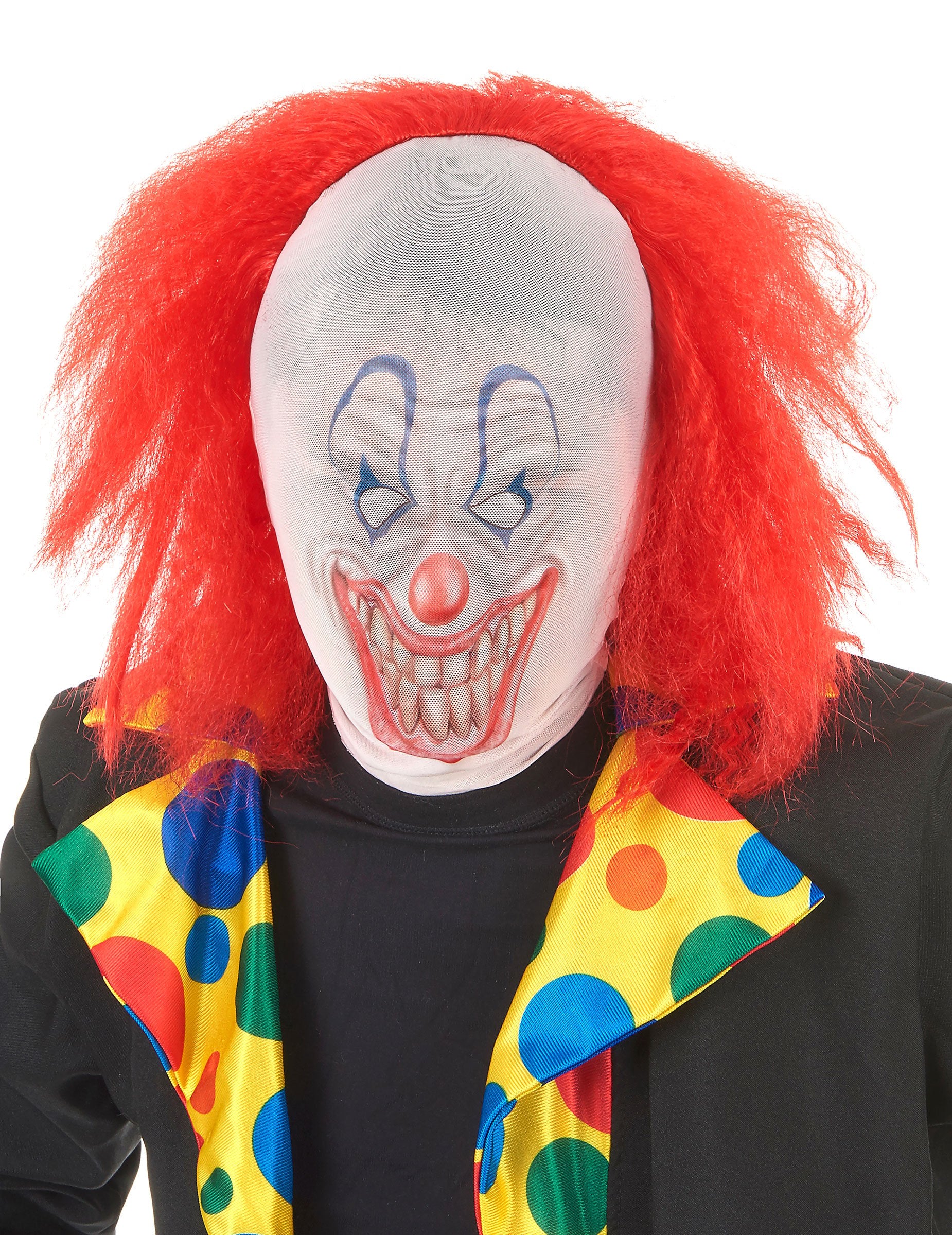 Cagoule de clown pour adulte blanche avec cheveux rouges et dents acérées