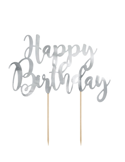 Cake topper happy birthday pour gâteau argenté métallisé