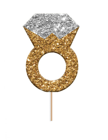Csillámos eljegyzési gyűrű műanyag tortadísz 3 x 3,8 x 6,5 cm arany és ezüst