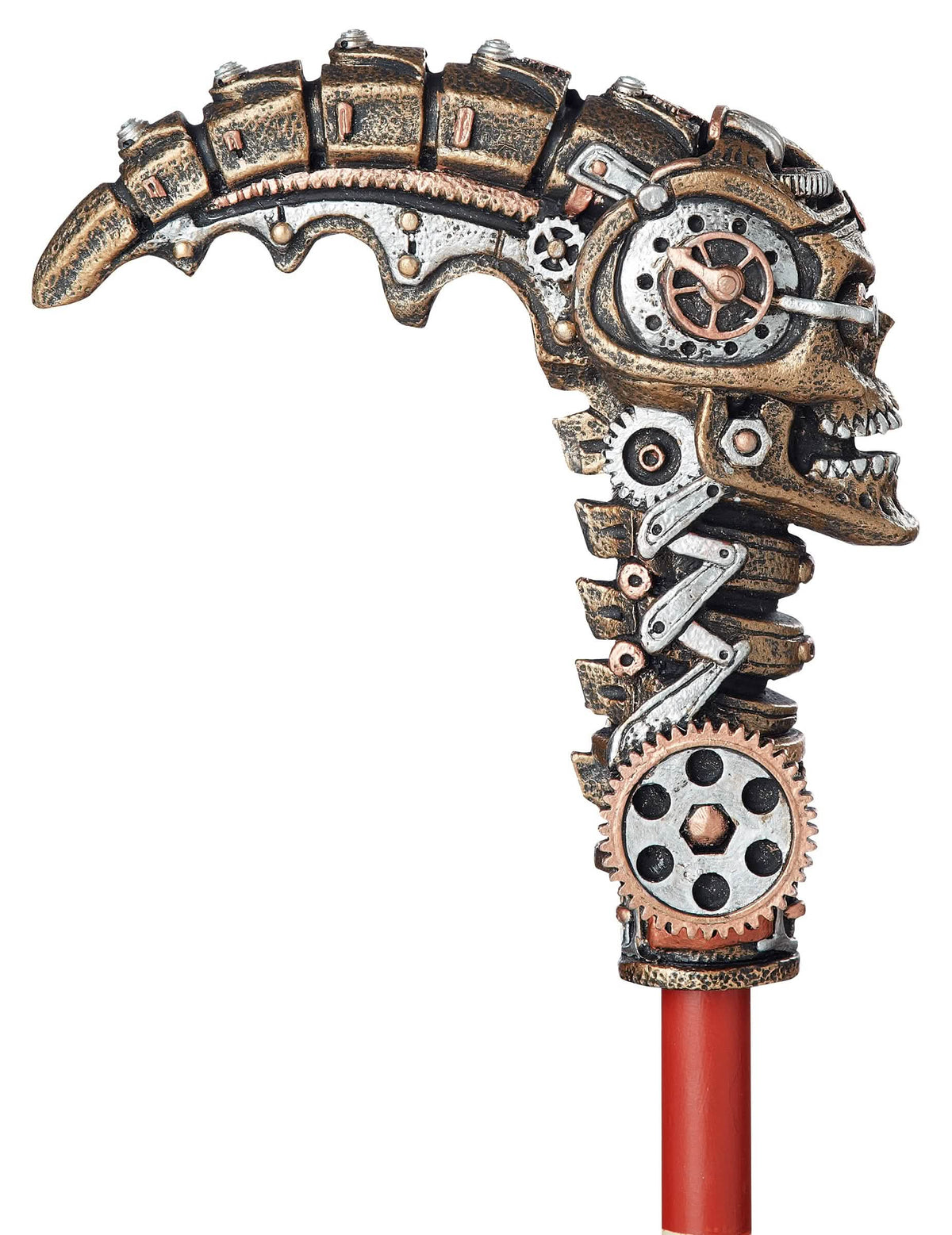 steampunk botfejű mechanikus sétapálca markolatának részlete