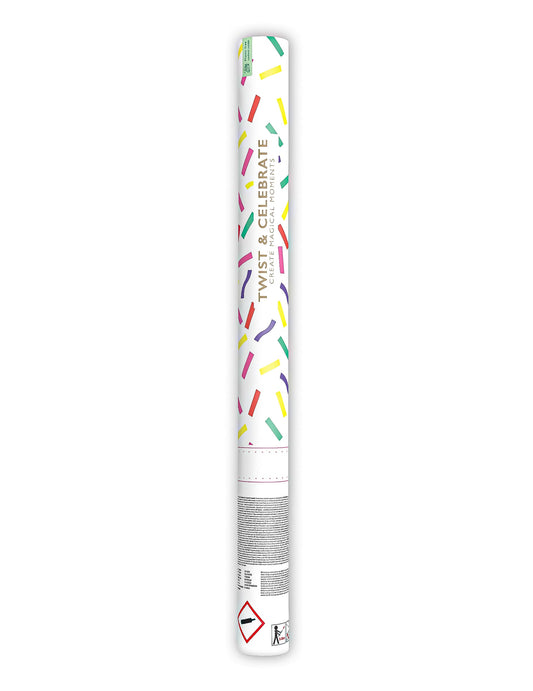 Vue complète du canon à confettis en papier bandes multicolores