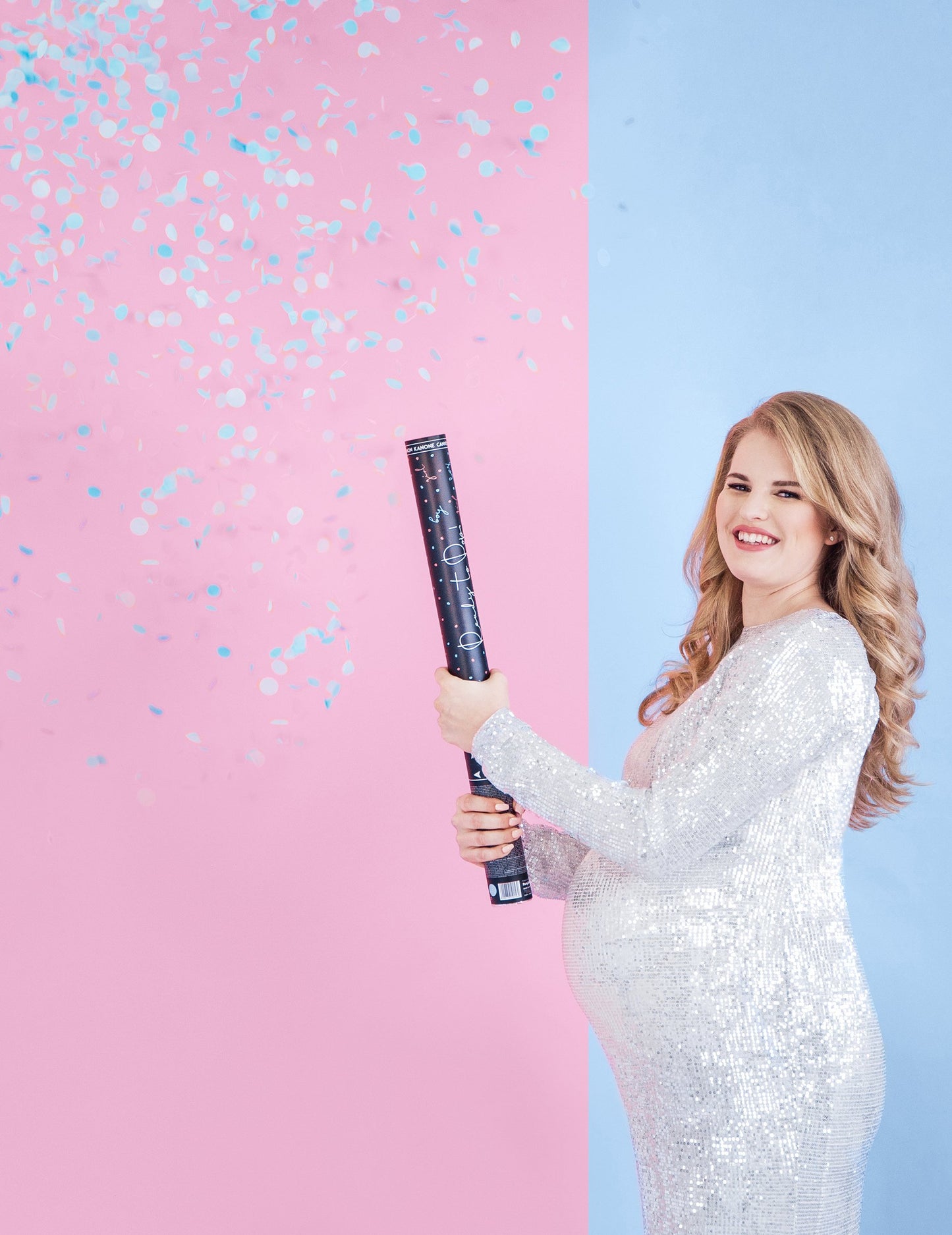 Kék konfetti ágyúfiú 60 cm babaváró buli