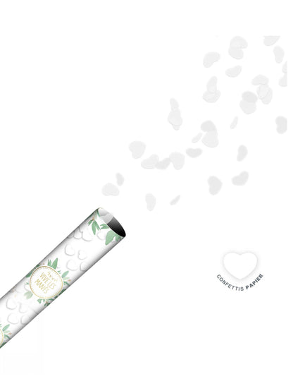 Fehér szív alakú papír konfetti ágyú 40 cm Éljenek az ifjú házasok!