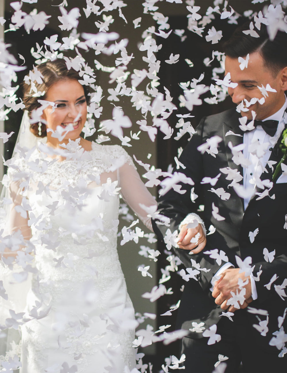 Mise en situation lors d'un mariage du canon à confettis papillons blancs