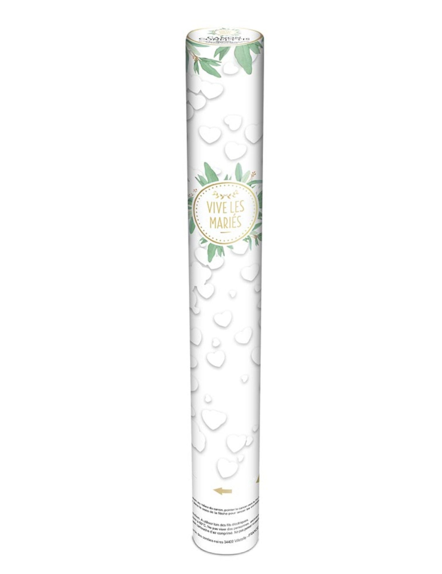 Fehér szív alakú papír konfetti ágyú 40 cm Éljenek az ifjú házasok!