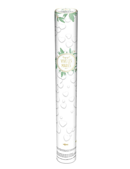 Fehér szív alakú papír konfetti ágyú 40 cm Éljenek az ifjú házasok!