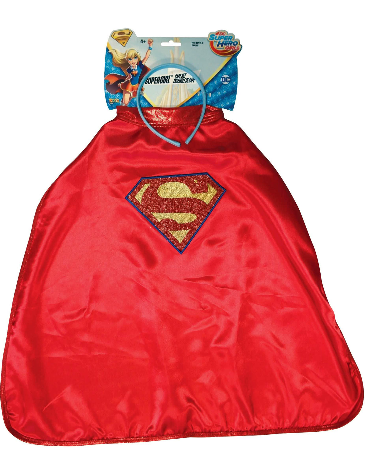 Szemből nézet a Supergirl Super Hero Girls köpenyről és a fejpántról