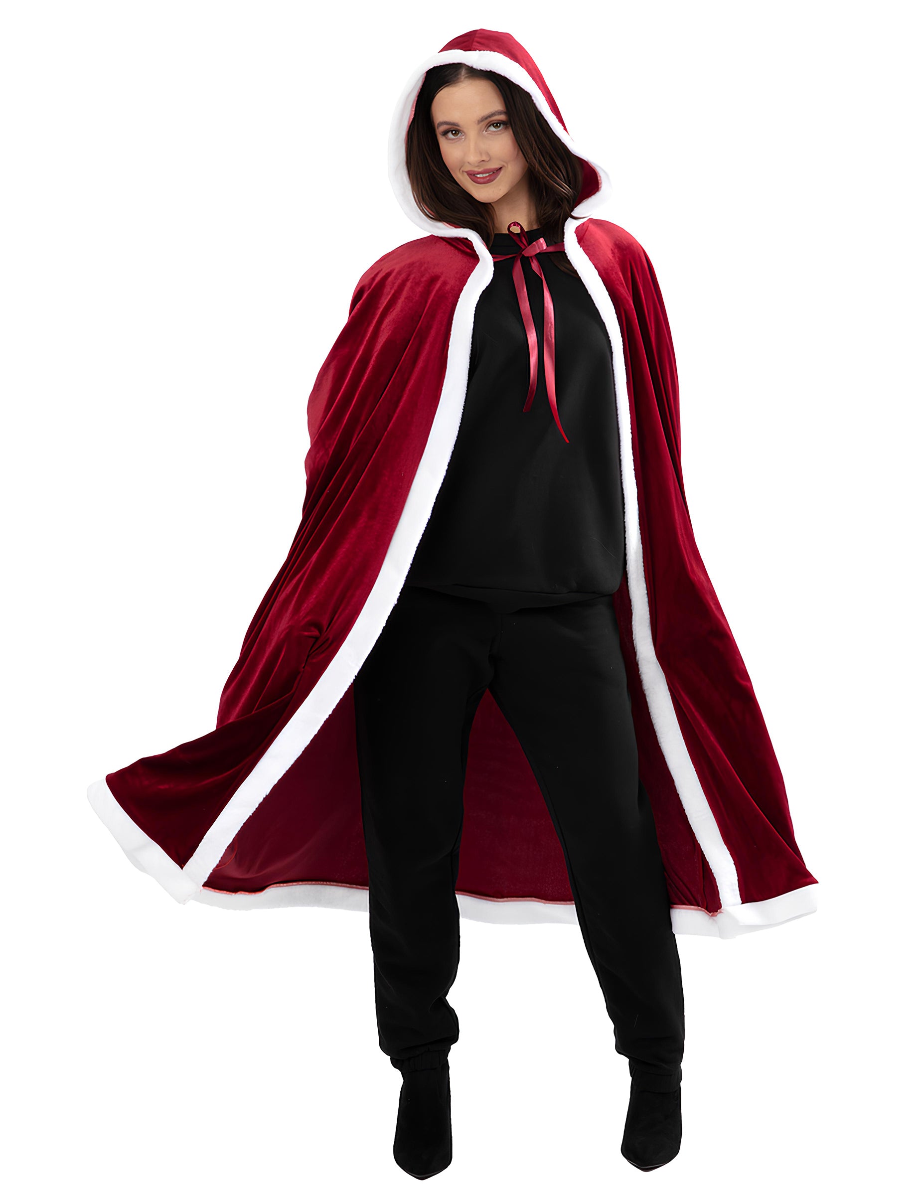 Cape longue de Noël luxe pour adulte rouge et blanche avec capuche