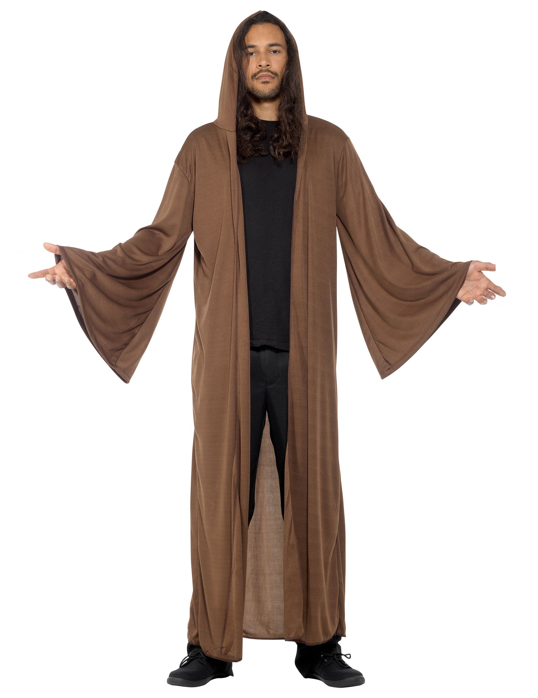 Vue de face avec manches évasées de la cape pour adulte marron avec capuche