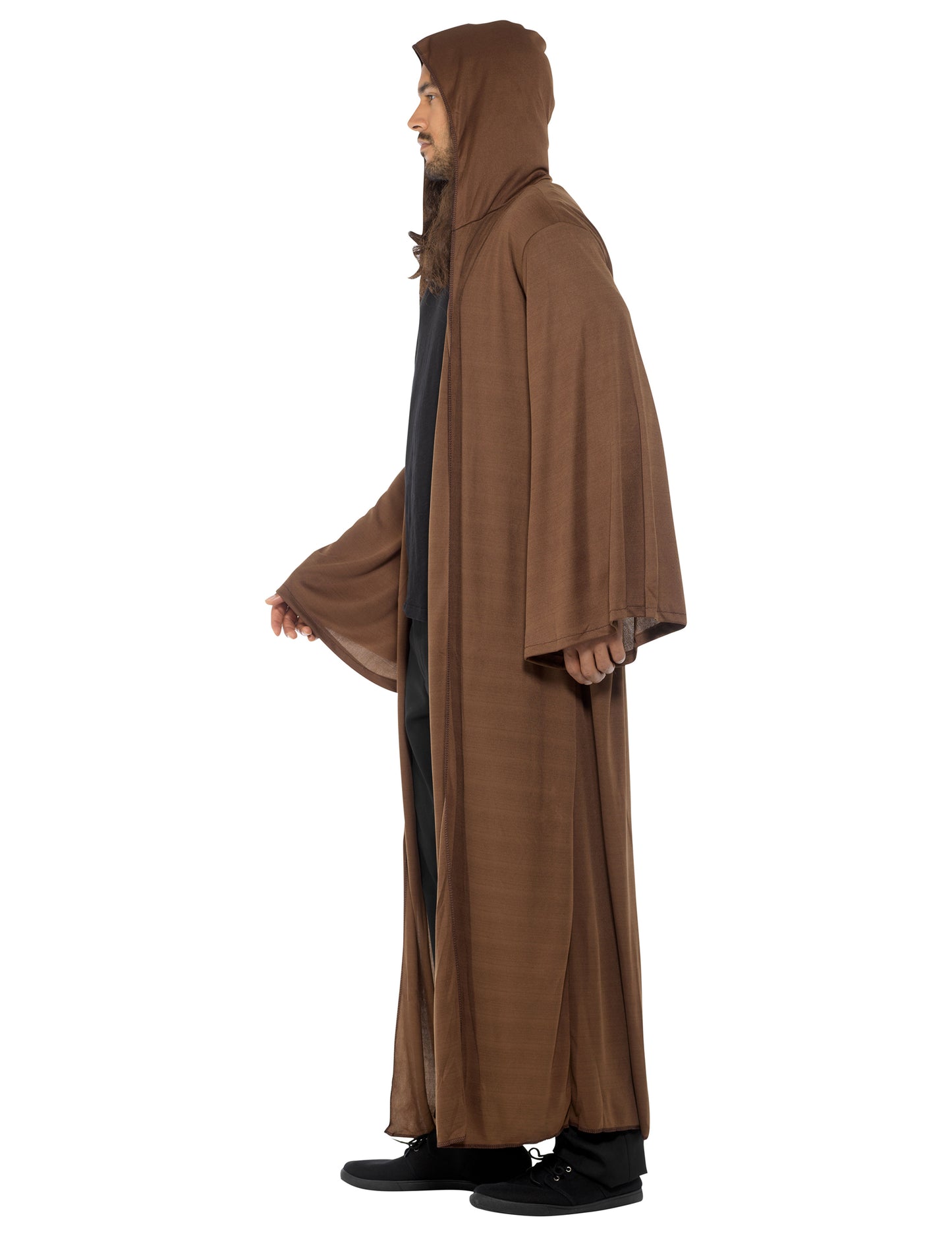 Vue de profil de la cape pour adulte marron avec capuche