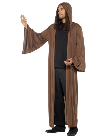 Vue de trois-quarts de la cape pour adulte marron avec capuche