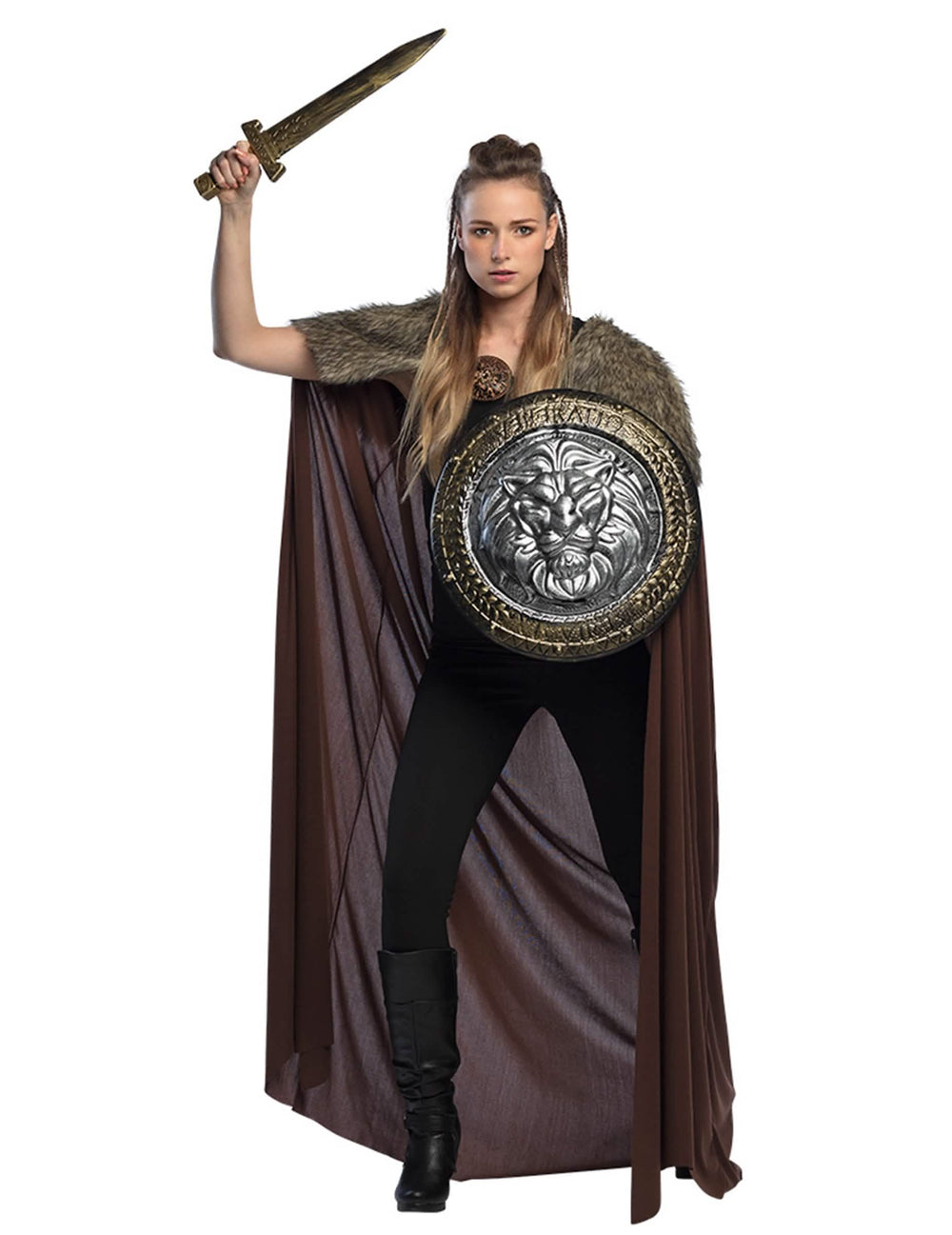 Kard és pajzs, amelyet a luxus felnőtt viking seigneur köpenyével viselnek