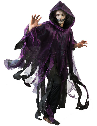 Cape Halloween pour adulte violette et noire avec capuche à lambeaux