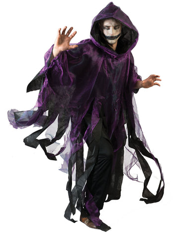 Cape Halloween pour adulte violette et noire à capuche et bords en lambeaux