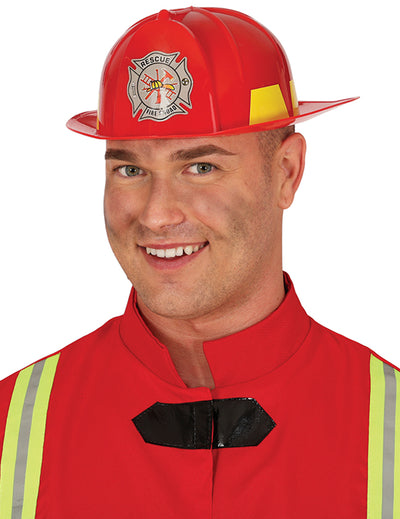Casque de pompier pour adulte rouge avec écusson frontal et bandes jaunes