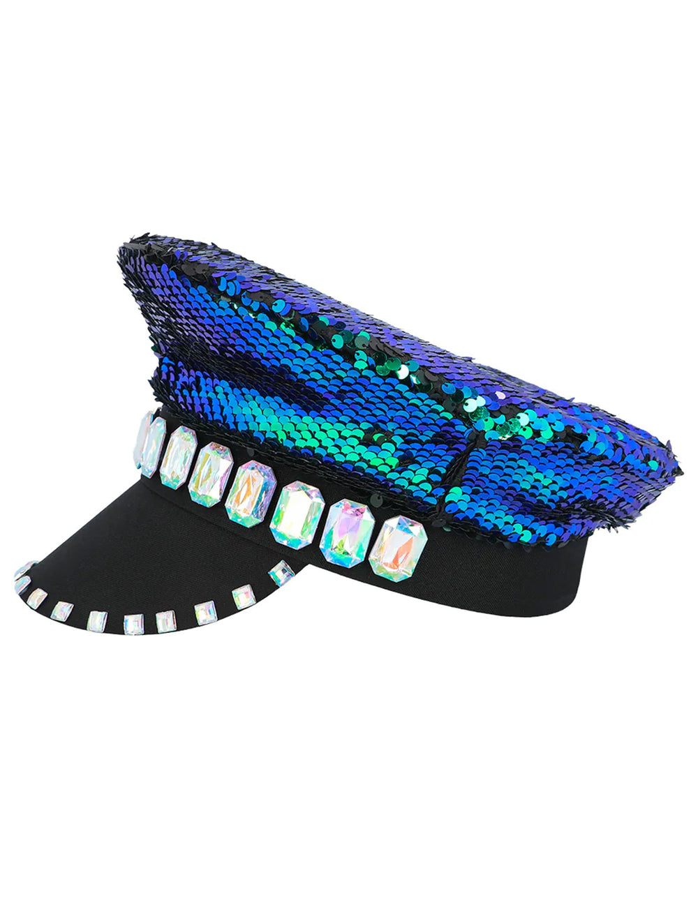 Vue de trois-quart de la casquette à sequins réversibles