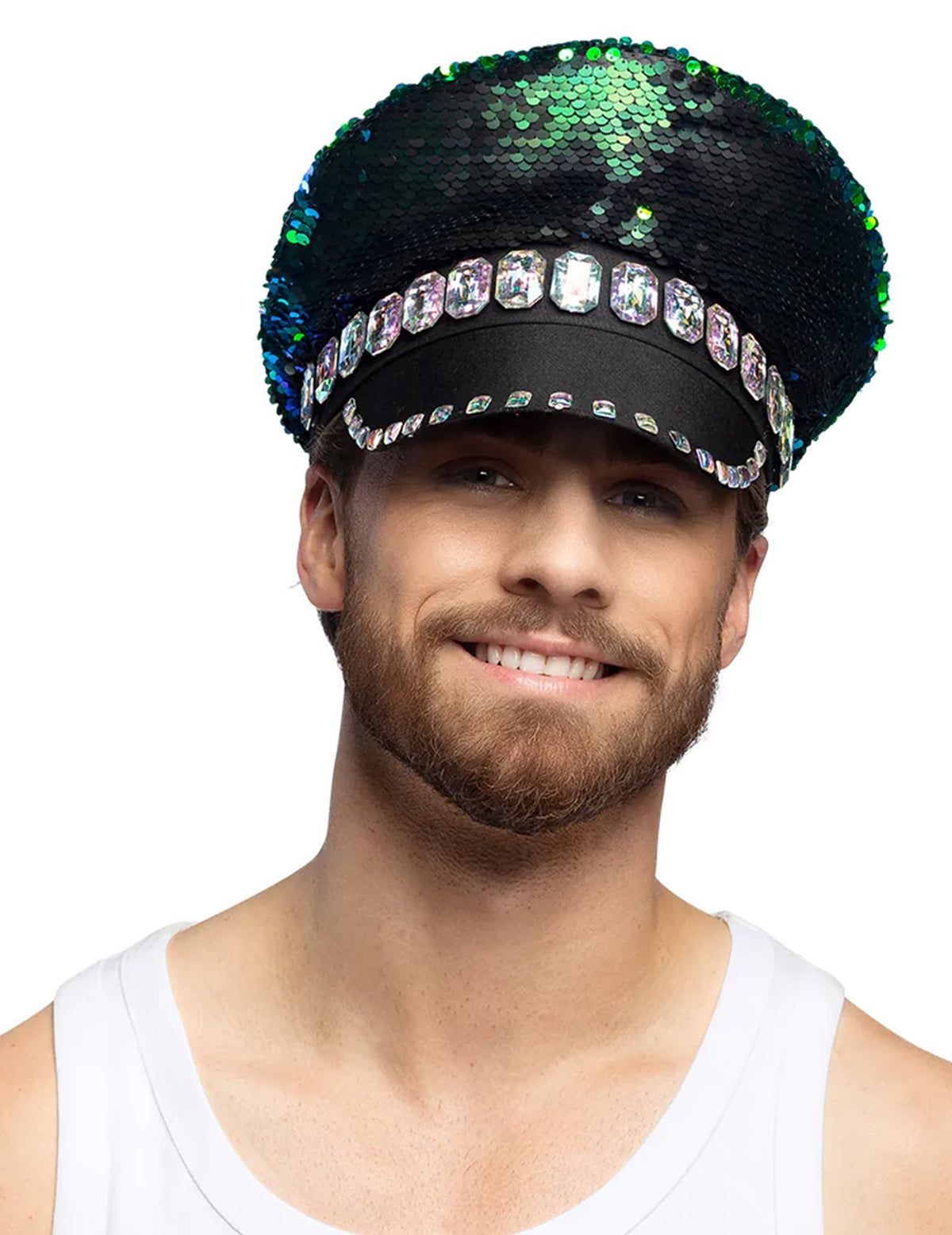 Vue de face de la casquette à sequins réversibles noir et vert bleuté