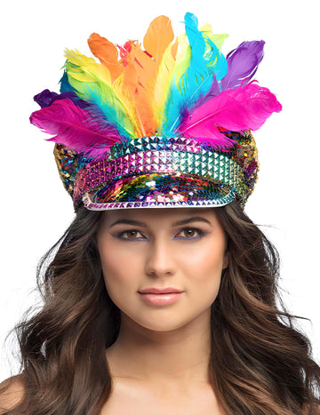 Szivárványsapka flitterekkel és tollakkal felnőtteknek