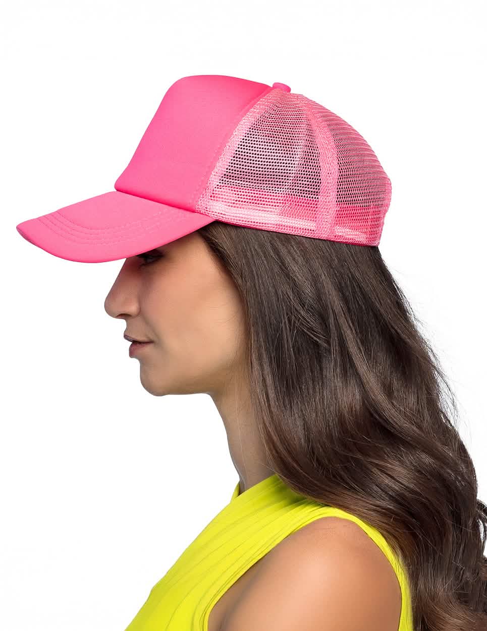 Vue de profil de la casquette rose fluo pour adulte