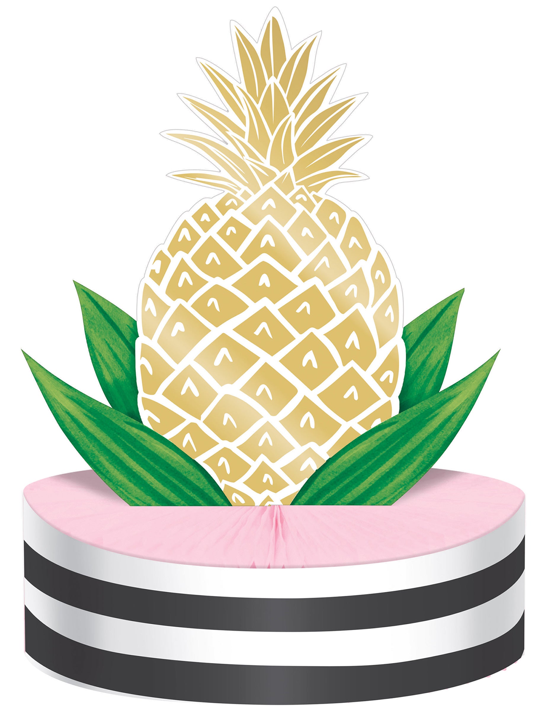 Centre de table en carton ananas doré pour fête rose alvéolé à rayures noires
