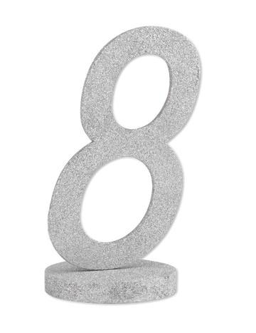 Ezüst csillámporos fa asztaldísz 8-as számmal 20 cm talppal