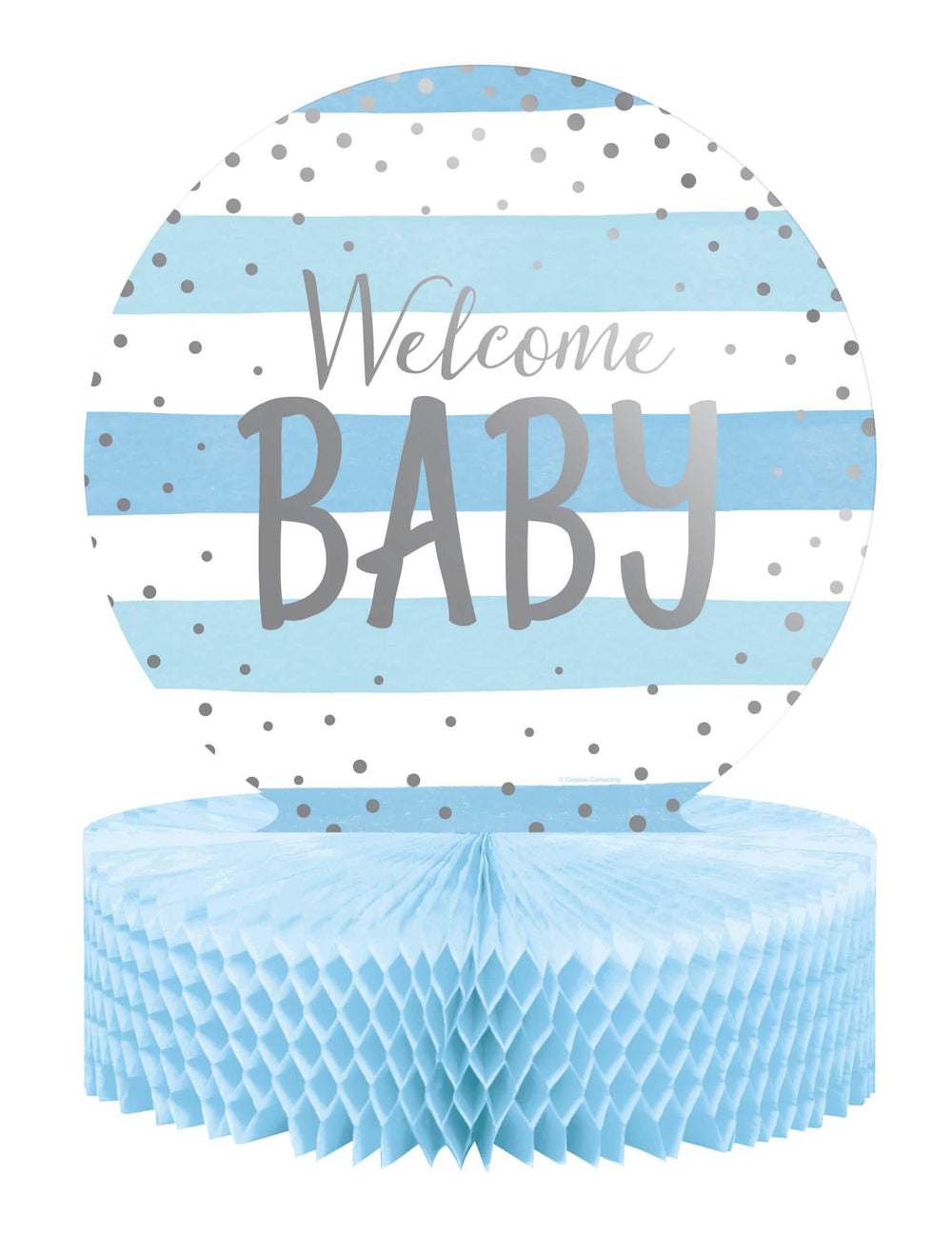 Méhsejt papír asztaldísz Welcome Baby baby showerhez kék és fehér