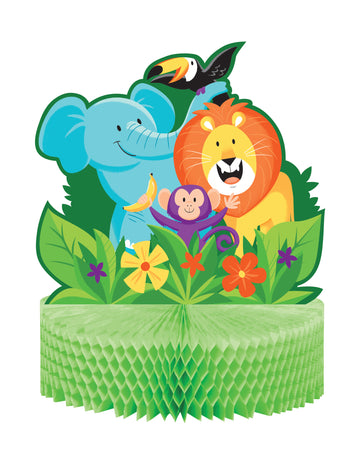 Centre de table en papier alvéolé jungle safari pour anniversaire vert avec animaux sauvages