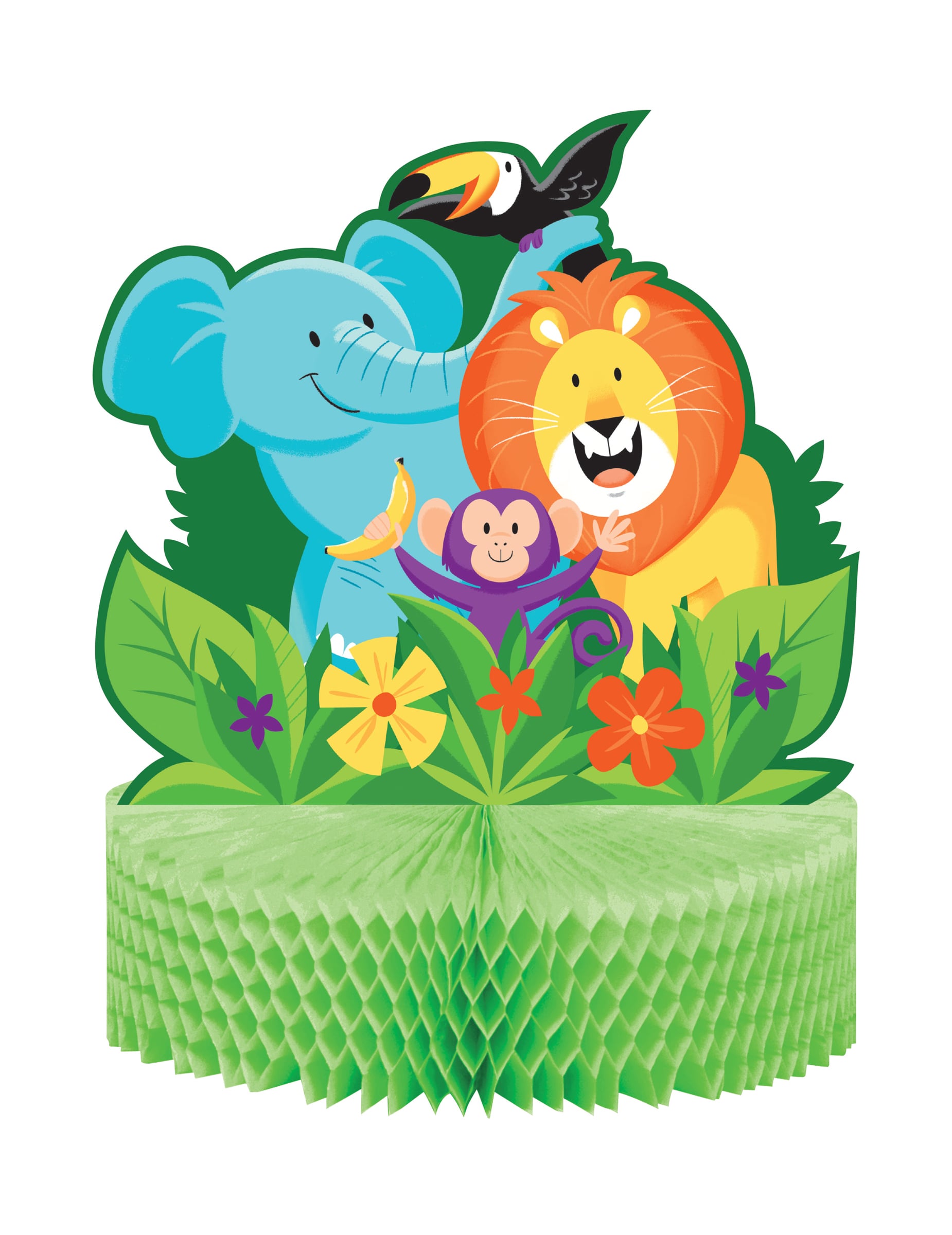 Centre de table en papier alvéolé jungle safari pour anniversaire vert avec animaux sauvages