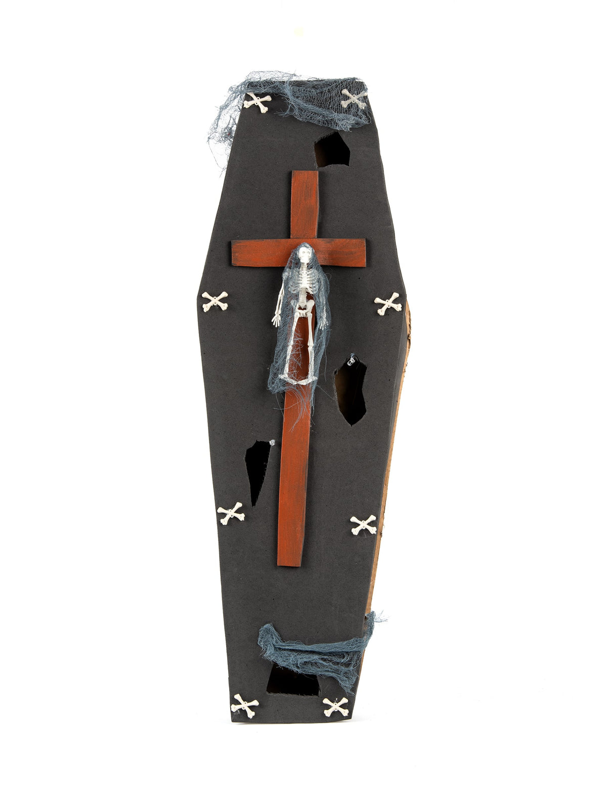 Cercueil avec croix Halloween pour décoration noir avec squelette et voile