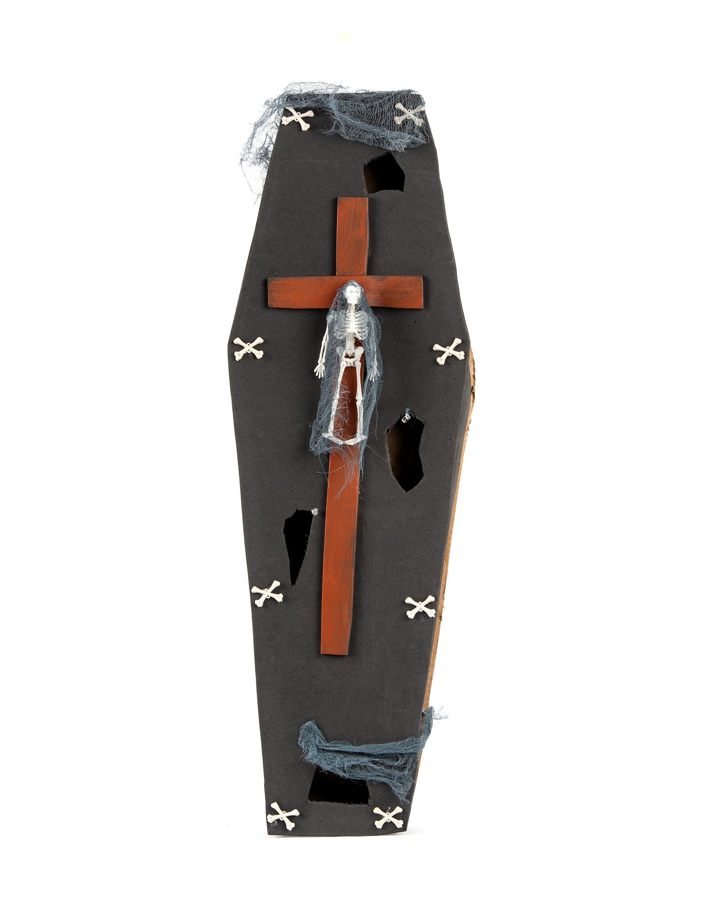 Cercueil avec croix Halloween pour décoration noir avec squelette et voile