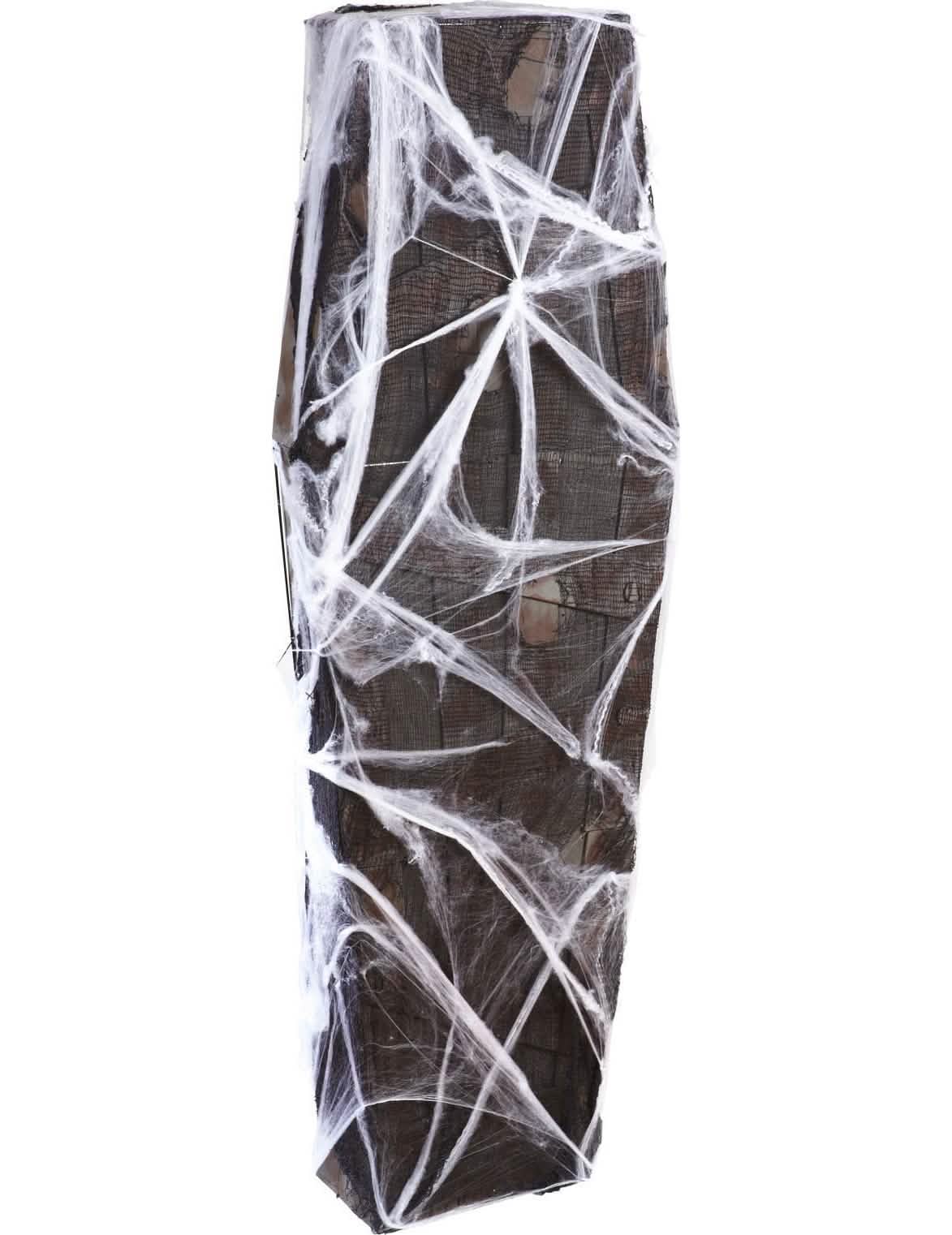 Halloween koporsó fehér pókfonalas dekorációval