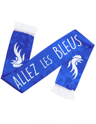 Echarpe de supporter Allez les bleus pour adulte bleue avec logo coq et franges blanches