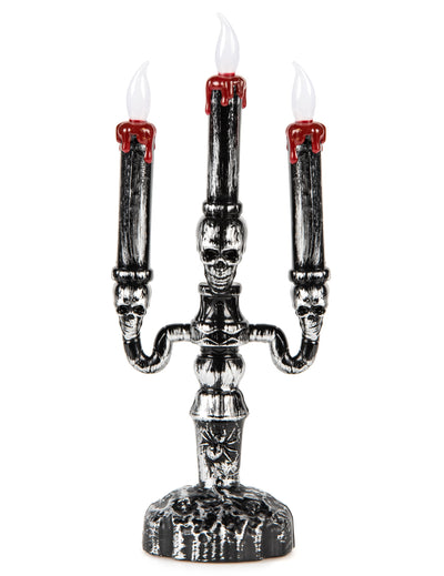 Chandelier à 3 branches LED Halloween pour décoration argent et noir avec têtes de mort et cire rouge