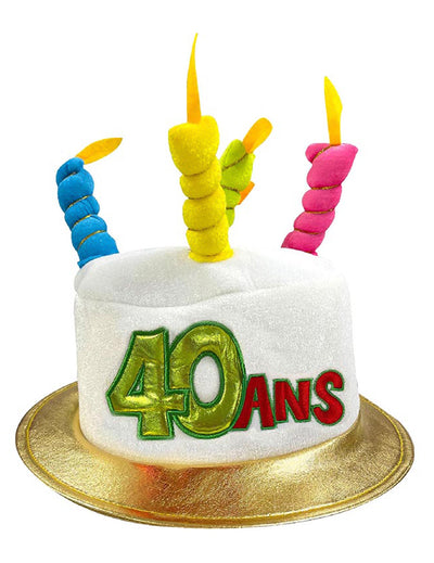 Chapeau anniversaire 40 ans pour adulte blanc en forme de gâteau avec bougies colorées