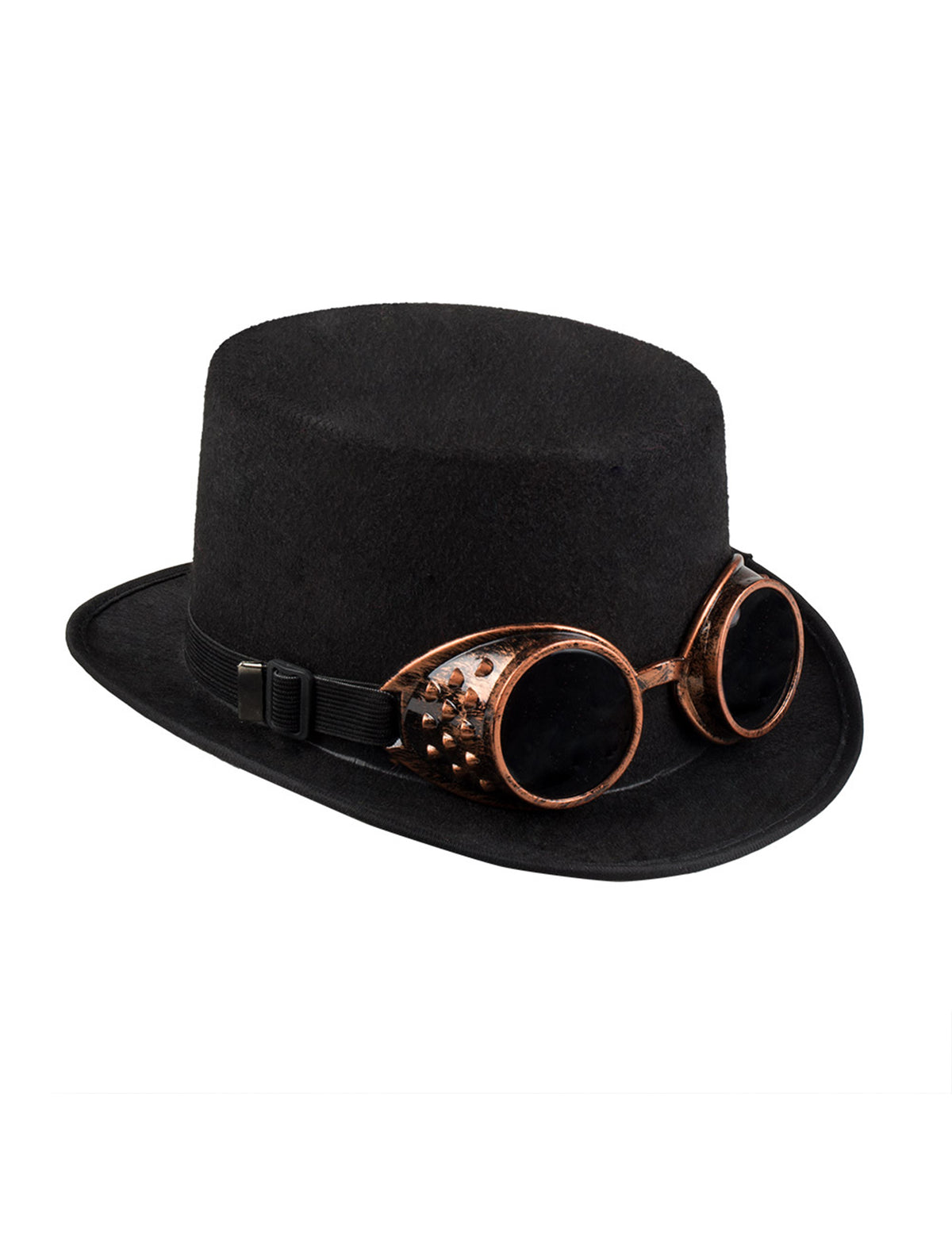 Vue de trois-quarts du chapeau avec lunettes Steampunk