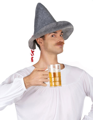 Chapeau bavarois pour adulte gris avec cordelette rouge et blanche