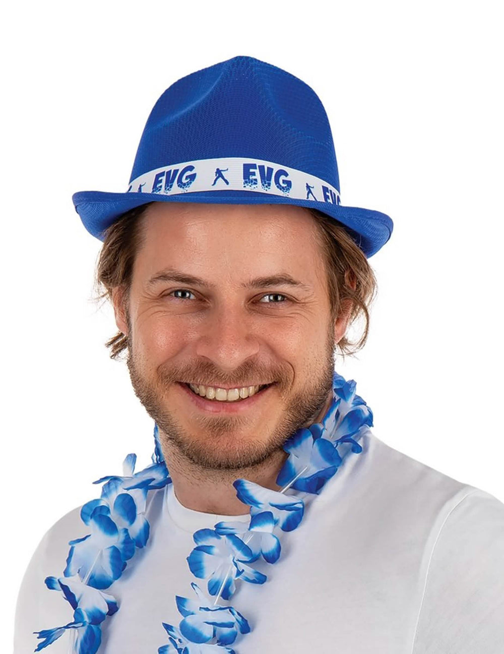 Felnőtt búcsúbuli kalap kék, nyomtatott fehér szalaggal