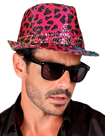 Chapeau borsalino à sequins léopard pour adulte multicolore rose et noir