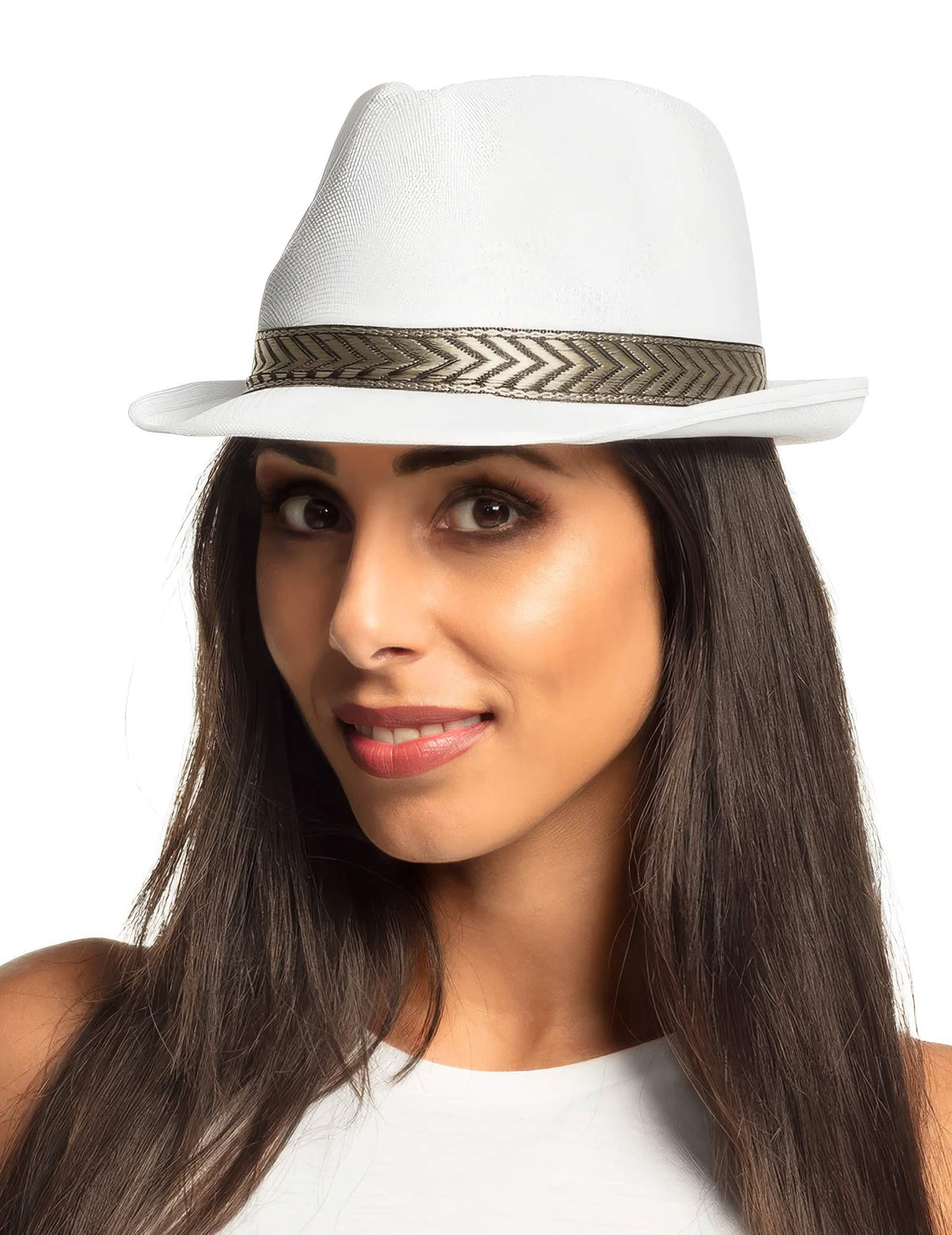 Felnőtt fehér borsalino trilby kalap chevron mintás szalaggal