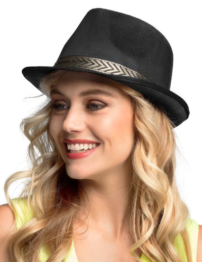Chapeau borsalino trilby pour adulte noir avec ruban à motifs chevrons