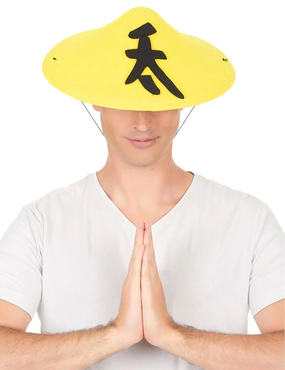 Chapeau chinois pour adulte jaune avec symbole noir