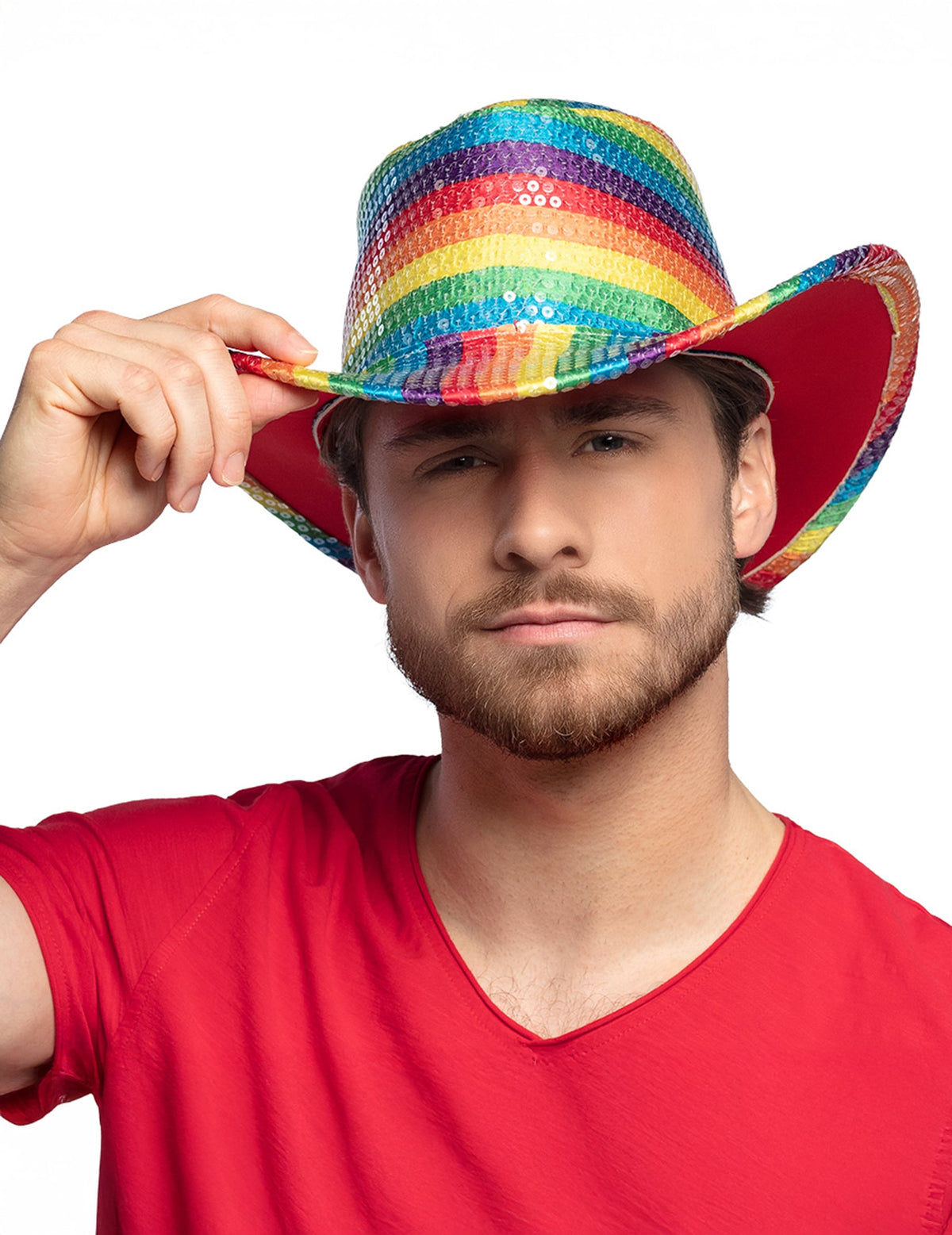 Chapeau de cowboy à paillettes arc en ciel pour adulte multicolore