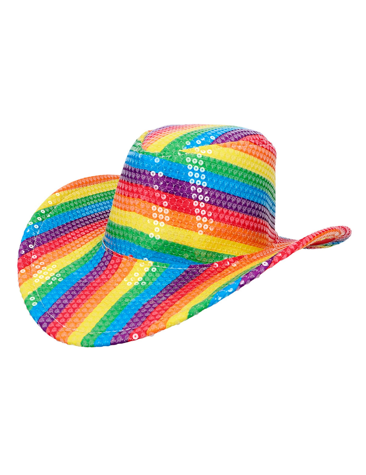 Vue de trois-quarts du chapeau de cowboy à paillettes arc en ciel